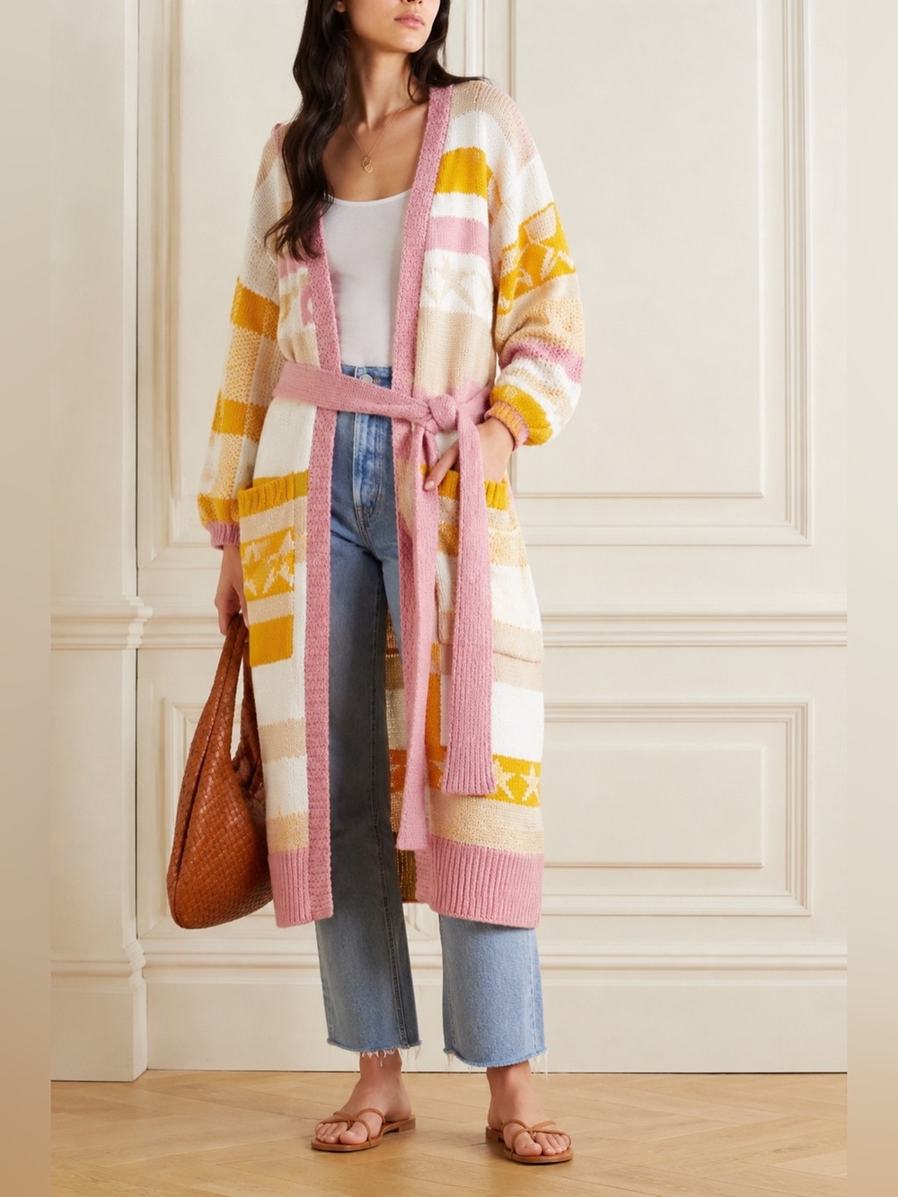 LoveShackFancy Grayson Duster Cardigan Desert Sunset M/L Belted Star Cotton - Picture 2 of 15